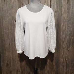 Versona M Top Blouse White Sheer Floral Cottage Coastal Boho Coquette Fairy